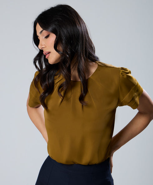 Neck And Sleeve Pleated  Brown Top